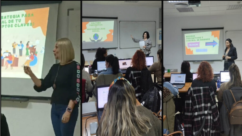 Formadoras impartiendo un curso de prevención de riesgos laborales con material visual y dinámicas de grupo-portada-AE+